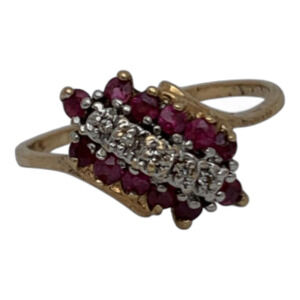 10k Gold Diamond & Ruby Ring/ Yellow Gold Ruby Waterfall Size 7